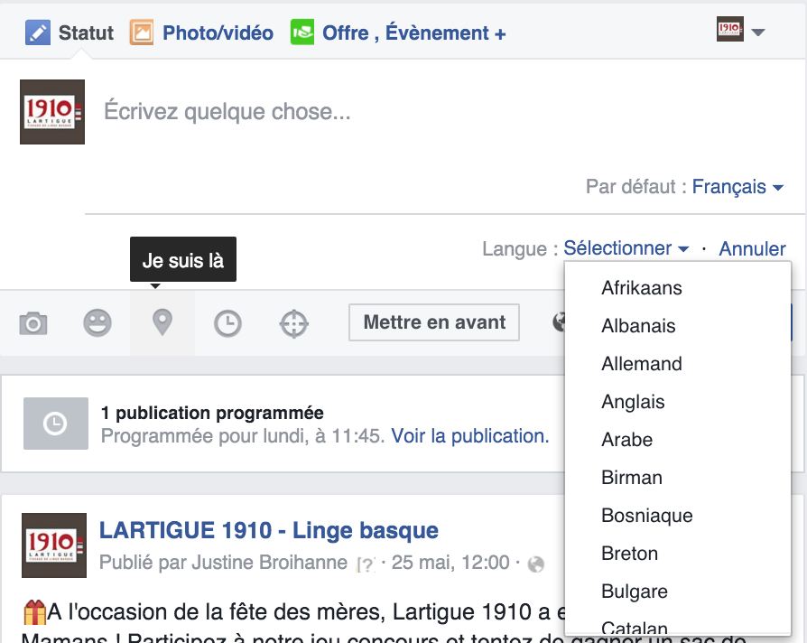 choix langue publication facebook